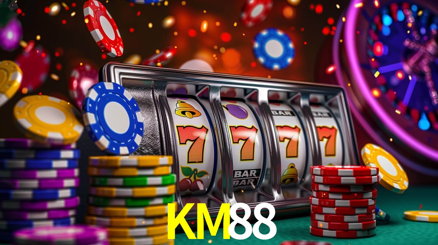 Una escena digital vívida inspirada en casino con KM88 mostrado prominentemente, luces brillantes, fichas, cartas y acentos dorados.