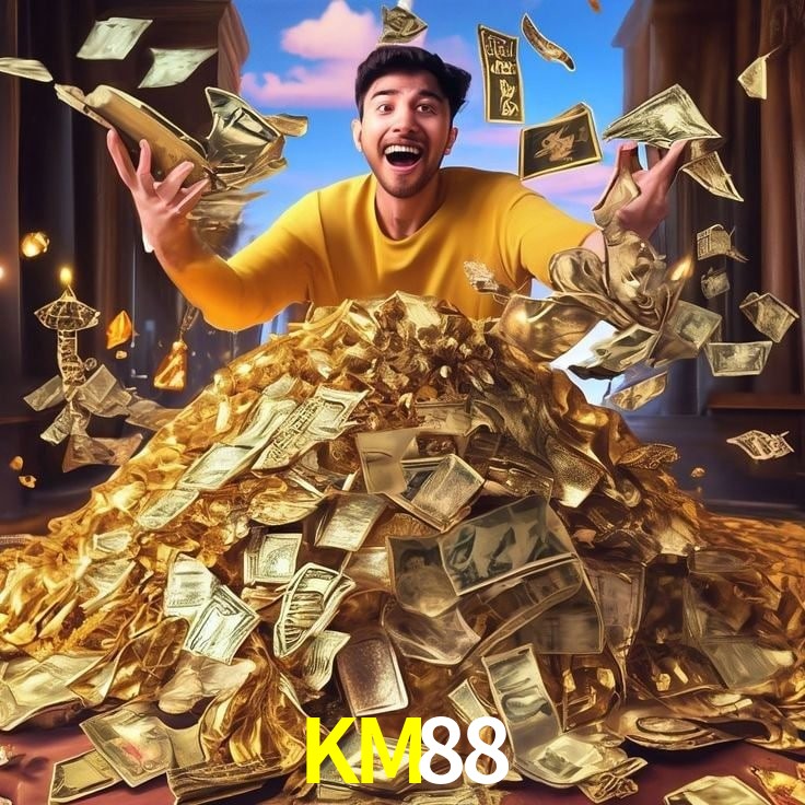 Escena dinámica inspirada en casino con iluminación KM88, cartas, fichas e íconos de juegos digitales en un espacio moderno de juegos.