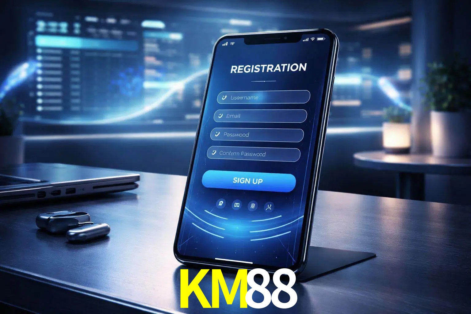 Una interfaz moderna de registro móvil para KM88 mostrada en un smartphone con un panel de apuestas elegante.